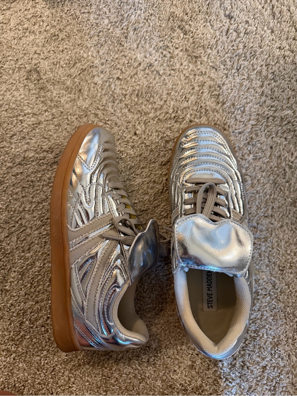 Steve Madden Metallic Silver Lace-Up Sneakers with Gum Sole